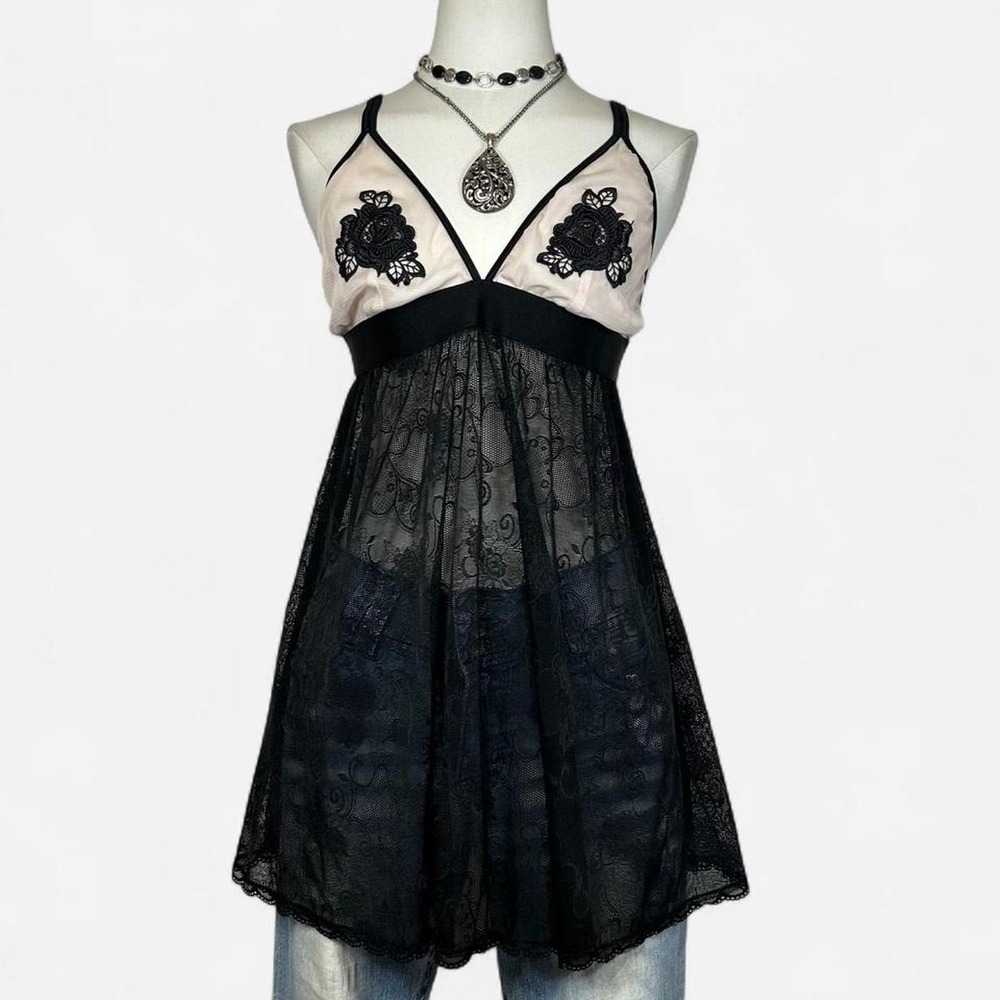 Vintage Babydoll Slip Dress Floral Embroidered Sheer Lace Womens Fits M Coquette